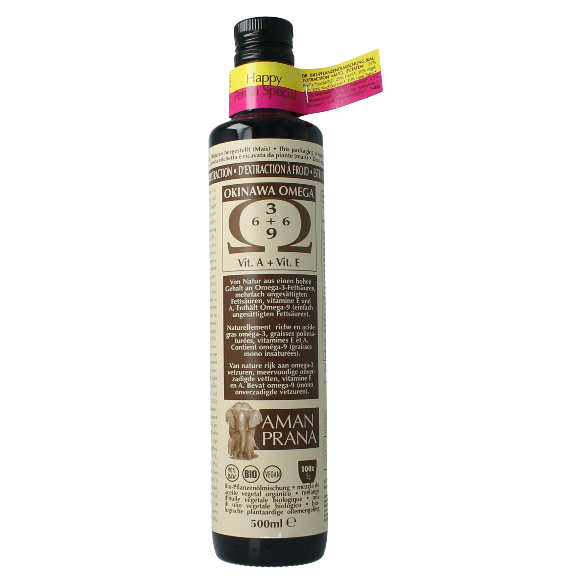Amanprana Happy Perilla special bio oil bottle, 500ml, in clear glass with label, on a white background.