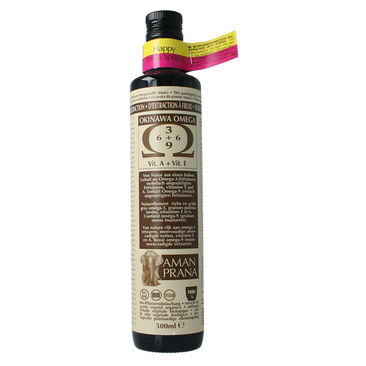 Amanprana Happy Perilla special bio oil bottle, 500ml, in clear glass with label, on a white background.