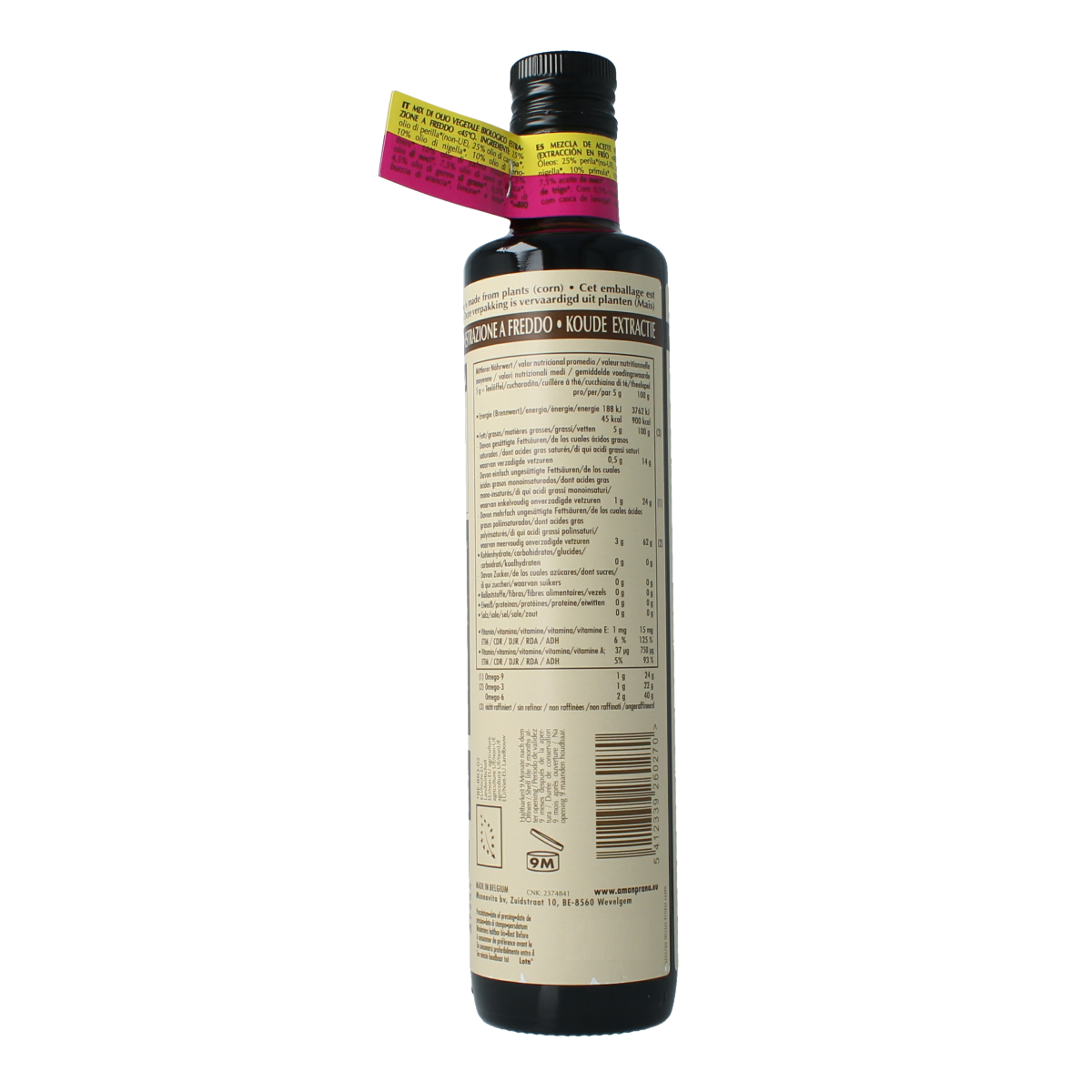 Amanprana Happy Perilla bio oil bottle, 500ml, with the label visible, showcasing a natural health supplement for cooking and wellness.