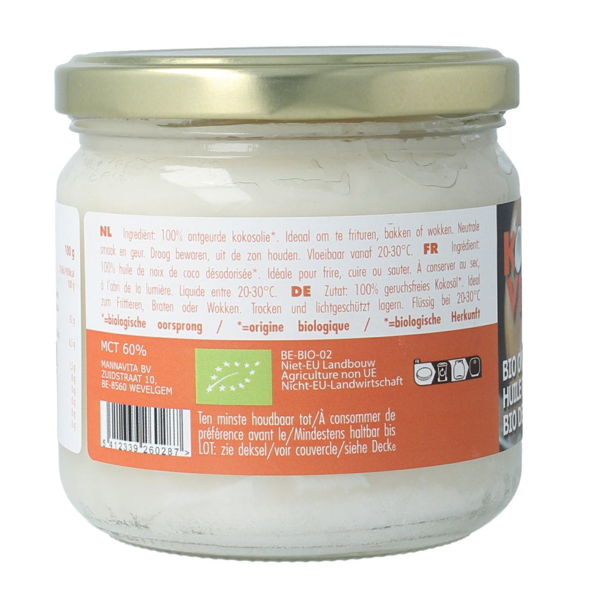 Unoced, geurloze bio kokosolie in 325 ml container from Kokovita, suitable for cooking and skincare.
