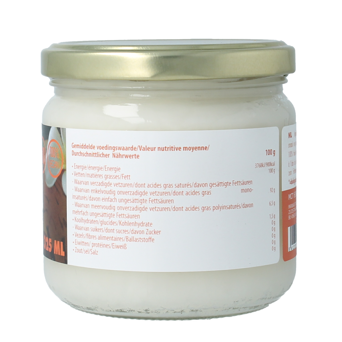 Unlabeled bottle of Kokovita Kokosolie geurloos bio, 325ml, organic, odorless coconut oil in a clear plastic container.