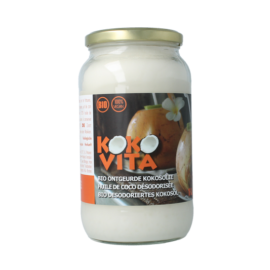 Clear glass bottle of Kokovita unscented organic coconut oil, 1 liter, in a natural setting with coconut images in the background.