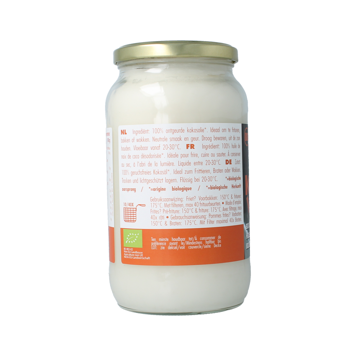 Colorless, organic Kokovita coconut oil in a 1-liter bottle, suitable for cooking and skin care, from the Oils and Fats category.