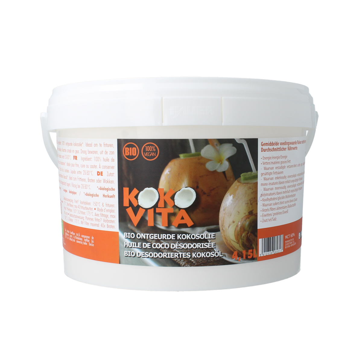 Unlabeled bottle of Kokovita geurloos bio kokosolie, 4150 ml, natural and scent-free coconut oil in a clear plastic container