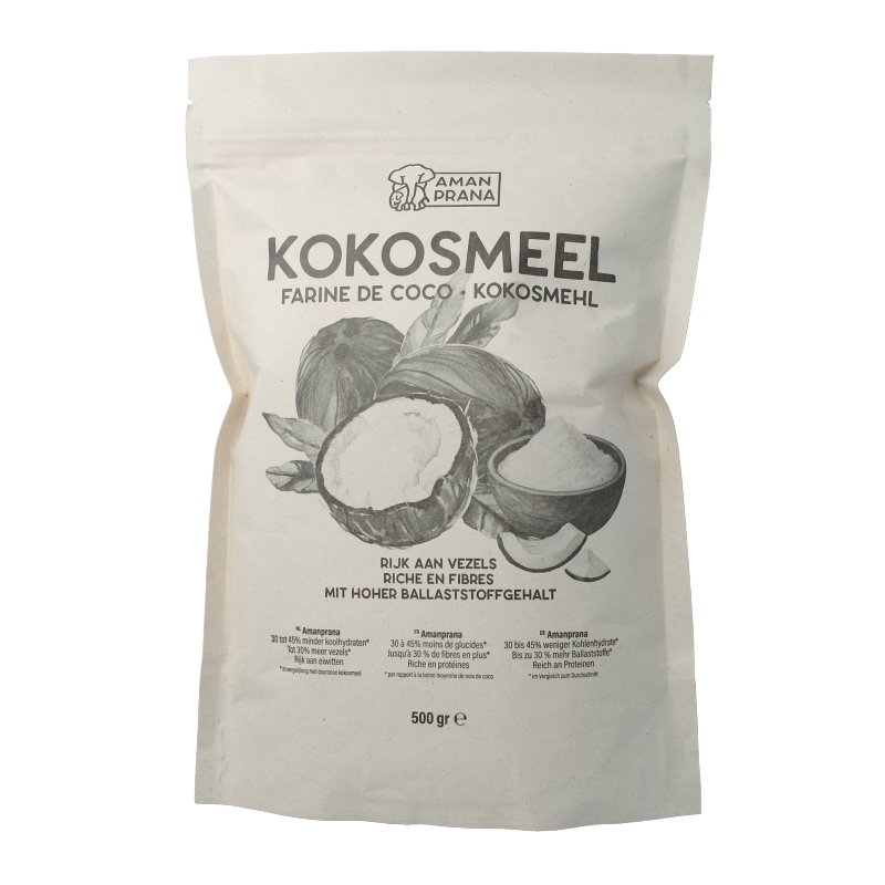 Organic Amanprana Kokosmeel (coconut flour) in a 500g package, shown in a natural, close-up view.