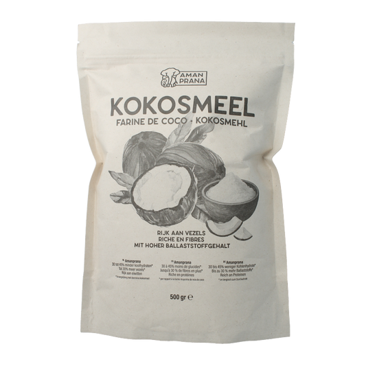 Organic Amanprana Kokosmeel (coconut flour) in a 500g package, shown in a natural, close-up view.