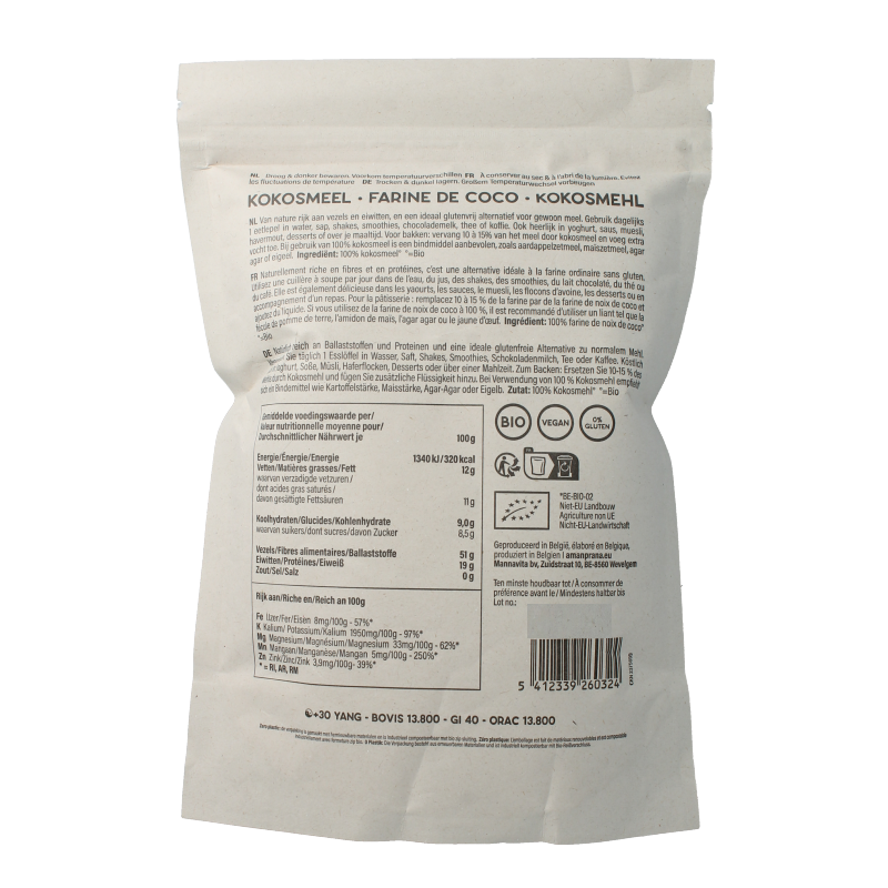 Amanprana organic coconut flour in a 500g bag, showcasing the fine, white, natural coconut powder in a clear package.