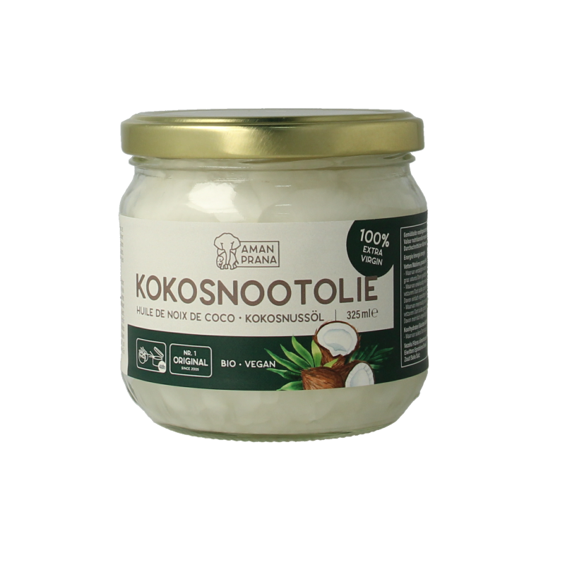 Organic Amanprana coconut oil in a 325ml bottle, highlighting the natural, pure coconut oil product.