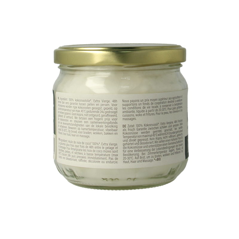 Organic Amanprana coconut oil in a 325ml bottle, showcasing the clear, golden coconut oil in a glass jar.