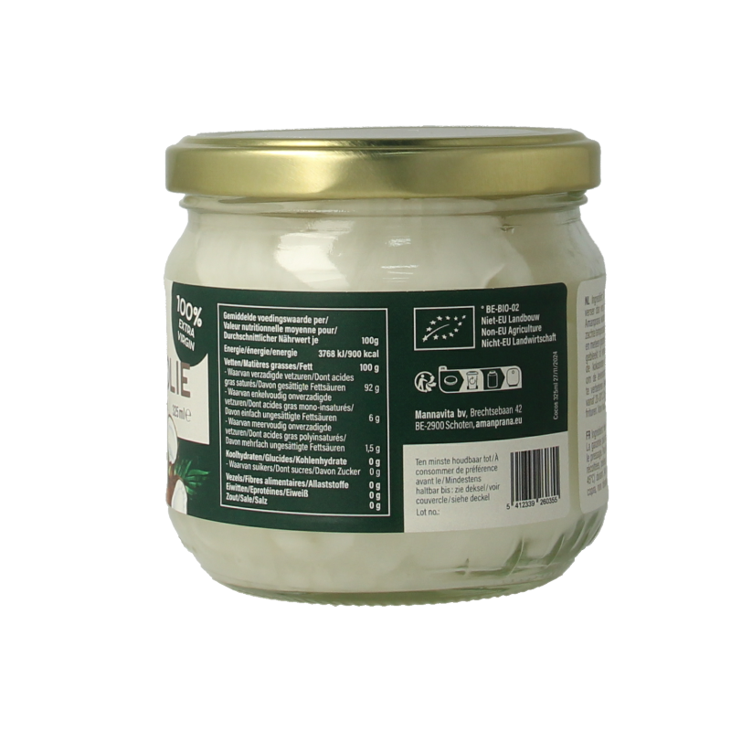 Organic Amanprana coconut oil in a 325ml bottle, highlighting the natural coconut oil product from Amanprana.