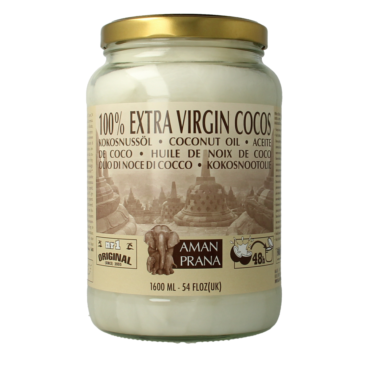 Amanprana bio coconut oil in a 1600ml bottle, natural oil from coconuts, for cooking and skincare applications