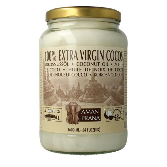 Amanprana bio coconut oil in a 1600ml bottle, natural oil from coconuts, for cooking and skincare applications