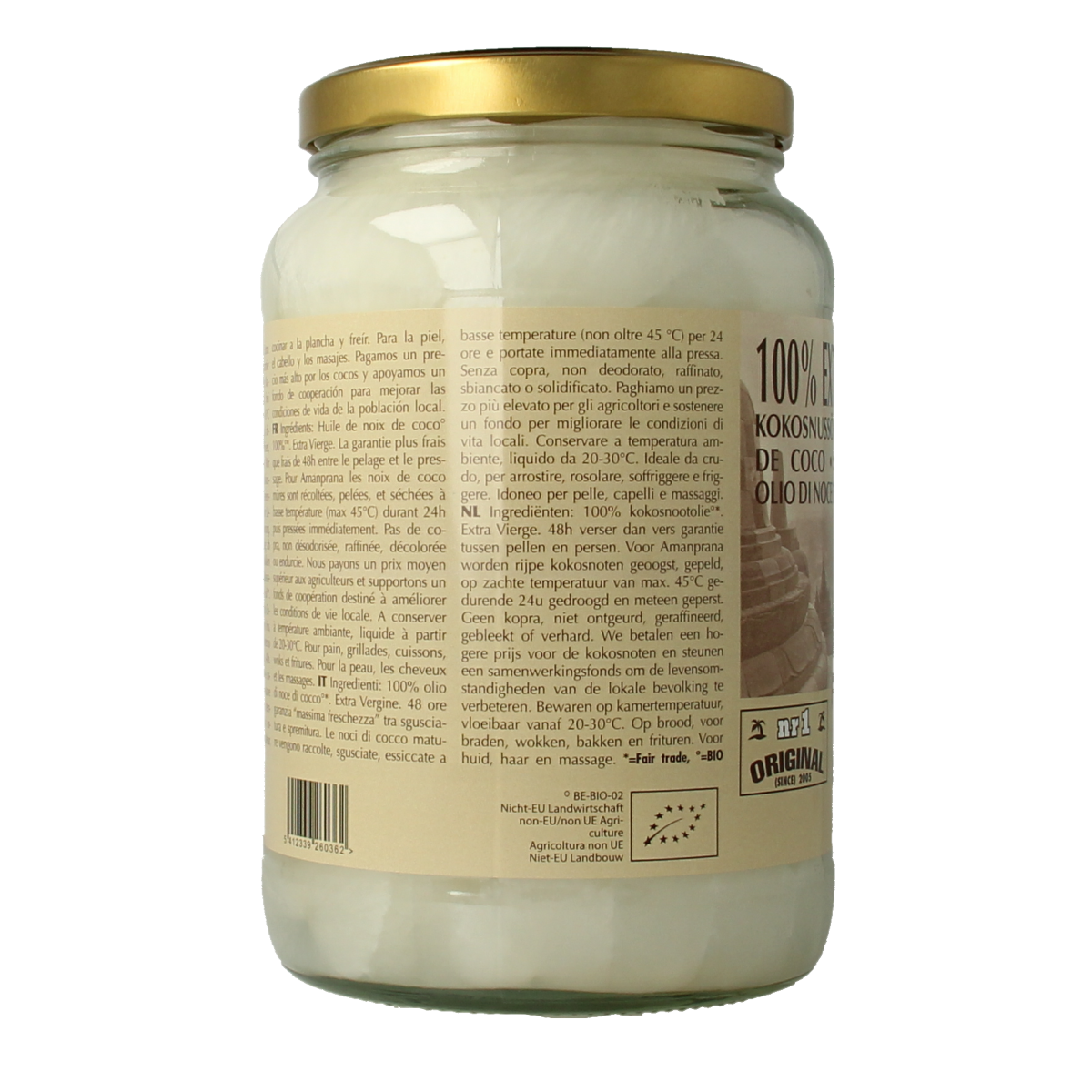 Amanprana bio kokosnootolie in 1600ml bottle, natural coconut oil for cooking and skincare, in a clear plastic container