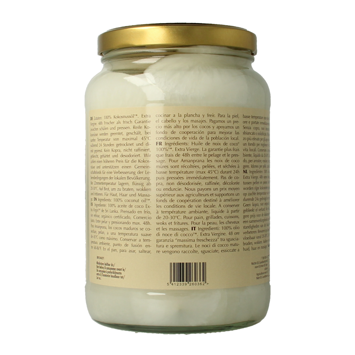 Amanprana bio coconut oil in a 1600ml jar, natural coconut oil product from Amanprana, showing the label and jar.