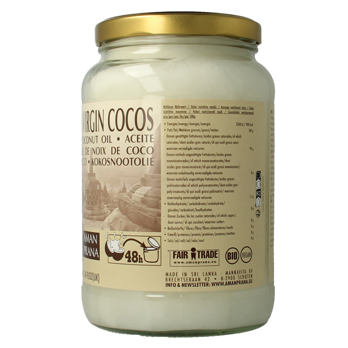 Amanprana organic coconut oil in a 1600ml bottle, natural coconut oil for cooking and skincare, shown in the image.