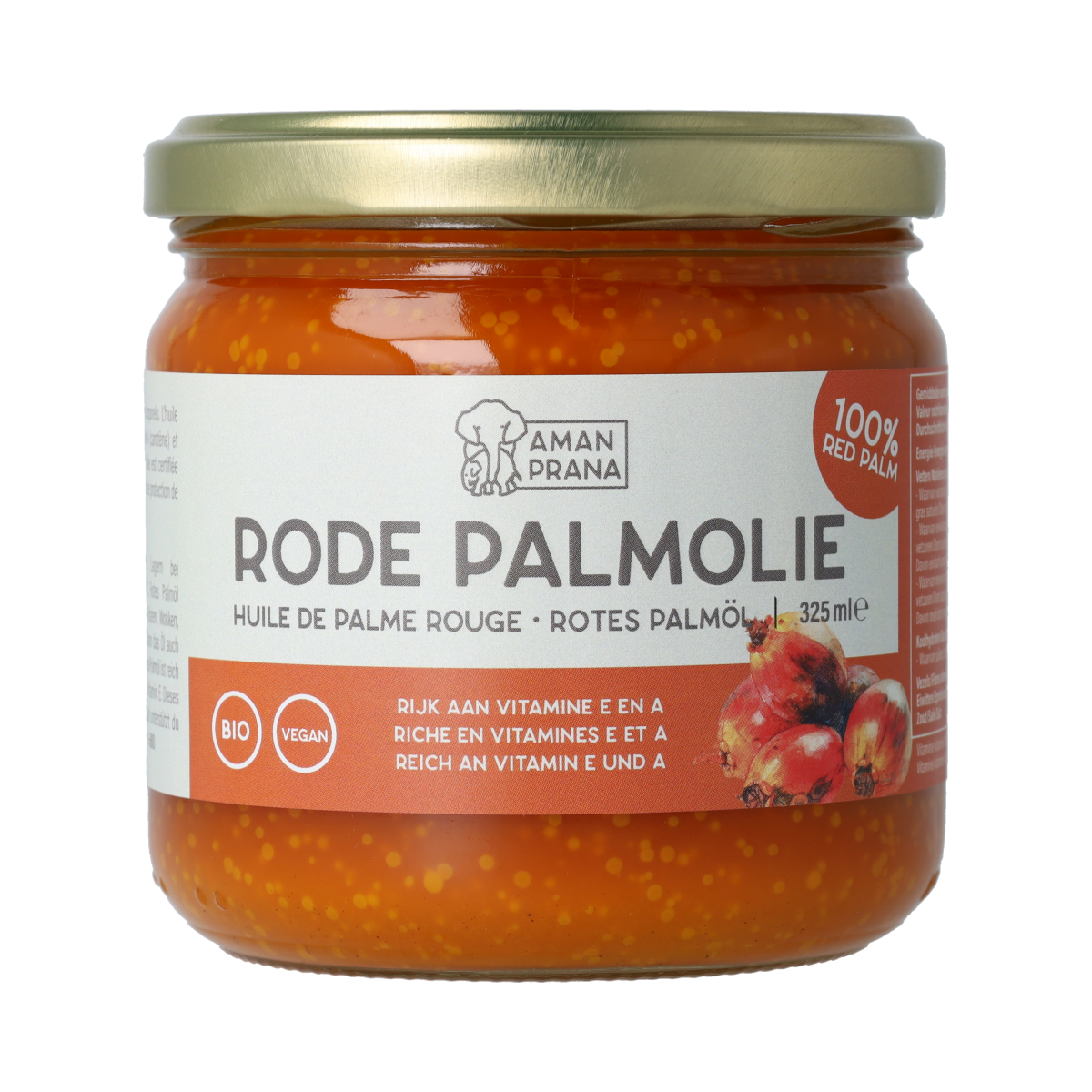 Amanprana organic red palm oil in a 325ml bottle, showcasing the label and product container on a white background.