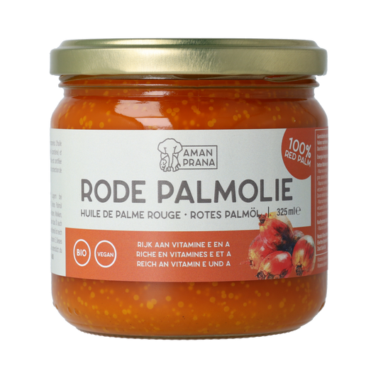 Amanprana organic red palm oil in a 325ml bottle, showcasing the label and product container on a white background.