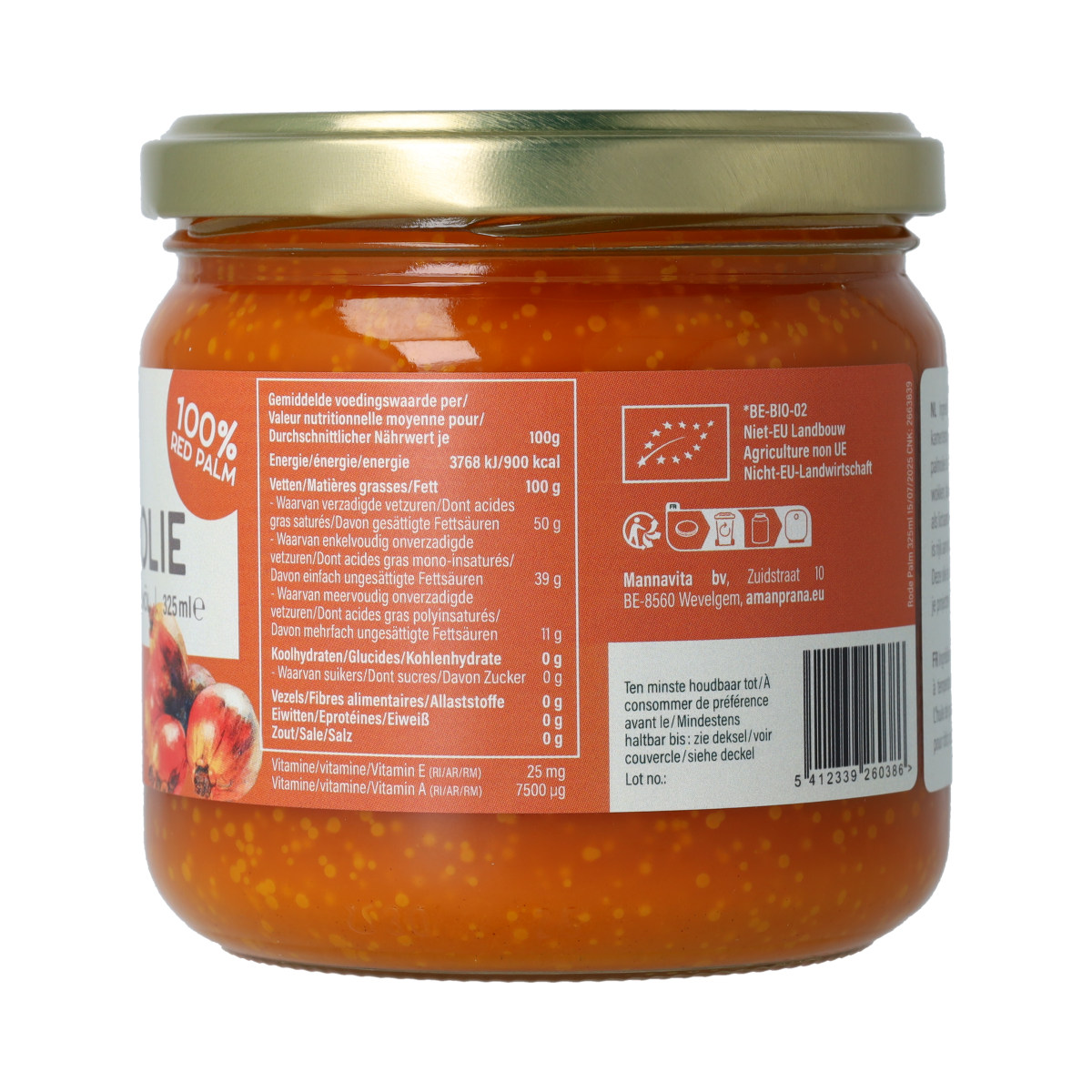 Amanprana Rode palmolie bio in a 325ml bottle, natural organic red palm oil, with a clear label and vibrant packaging.