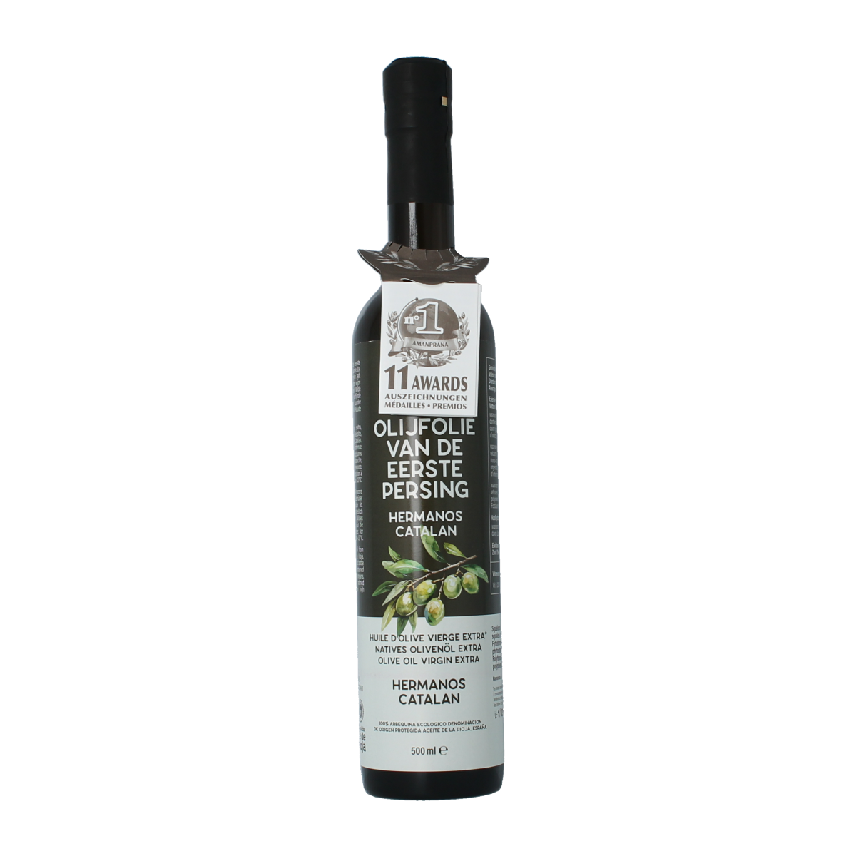 Amanprana Hermanos Catalan organic extra virgin olive oil in a 500ml bottle, showcasing a golden green liquid in a glass container.