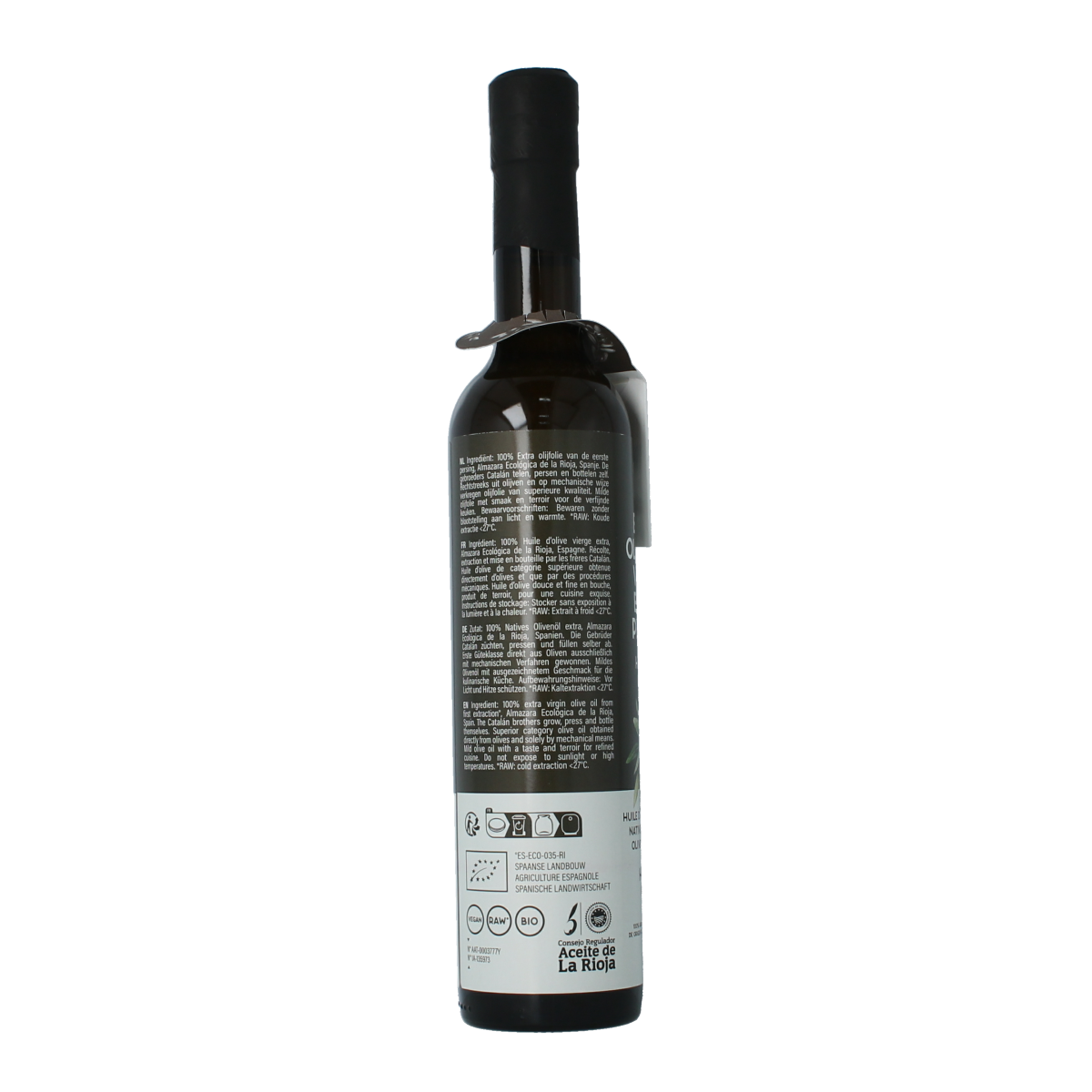 Amanprana Hermanos Catalan organic extra virgin olive oil in a 500ml bottle, showcasing a dark glass container with a label.