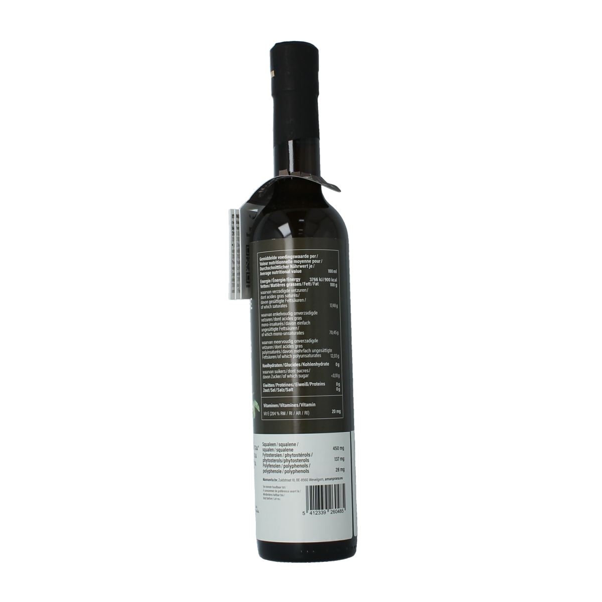 Amanprana Hermanos Catalan organic extra virgin olive oil in 500ml bottle, showcasing the green glass and label.
