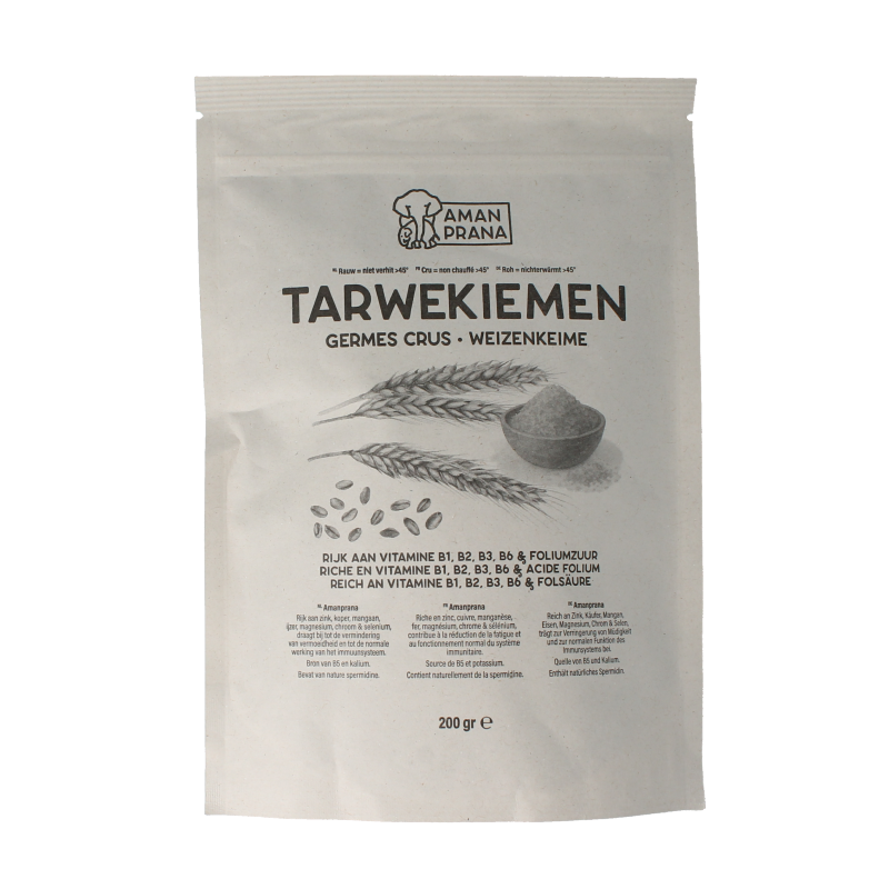 Raw Amanprana Tarwekiemen bio superfood in a 200g package, showing fresh wheat germ in natural form.
