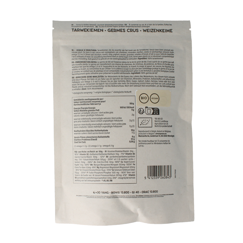 Amanprana Tarwekiemen raw bio superfoods in a 200g package, showing fresh wheat germ kernels in a clear container.