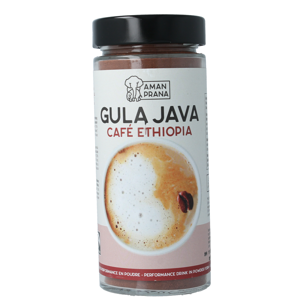 Amanprana Gula Java cacao and Ethiopia bio coffee and tea in 230g package, showing the product label and packaging.