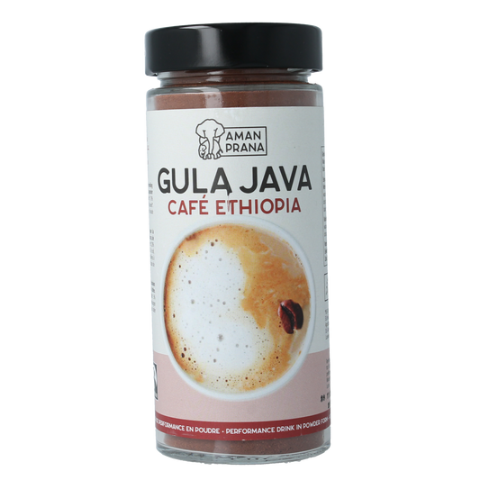 Amanprana Gula Java cacao and Ethiopia bio coffee and tea in 230g package, showing the product label and packaging.