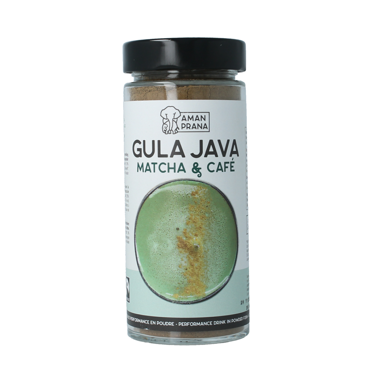 Amanprana Gula Java Matcha & Cafe organic coffee and tea blend in a 230g package with matcha powder and coffee beans.