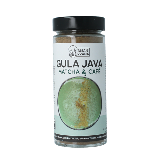 Amanprana Gula Java Matcha & Cafe organic coffee and tea blend in a 230g package with matcha powder and coffee beans.