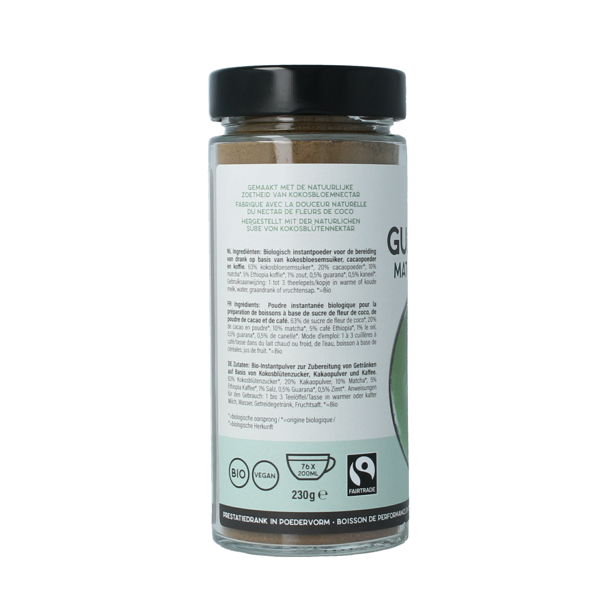 Amanprana Gula Java Matcha & Cafe organic coffee and tea blend in a 230g package, showing the product packaging and label.