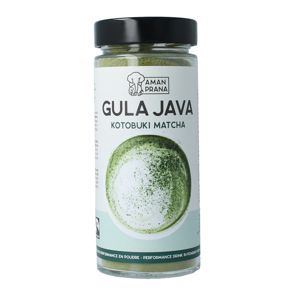 Amanprana Gula Java Kotobuki Matcha tea and coffee blend in a 230g package, featuring green matcha powder and tea leaves.