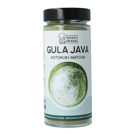 Amanprana Gula Java Kotobuki Matcha tea and coffee blend in a 230g package, featuring green matcha powder and tea leaves.
