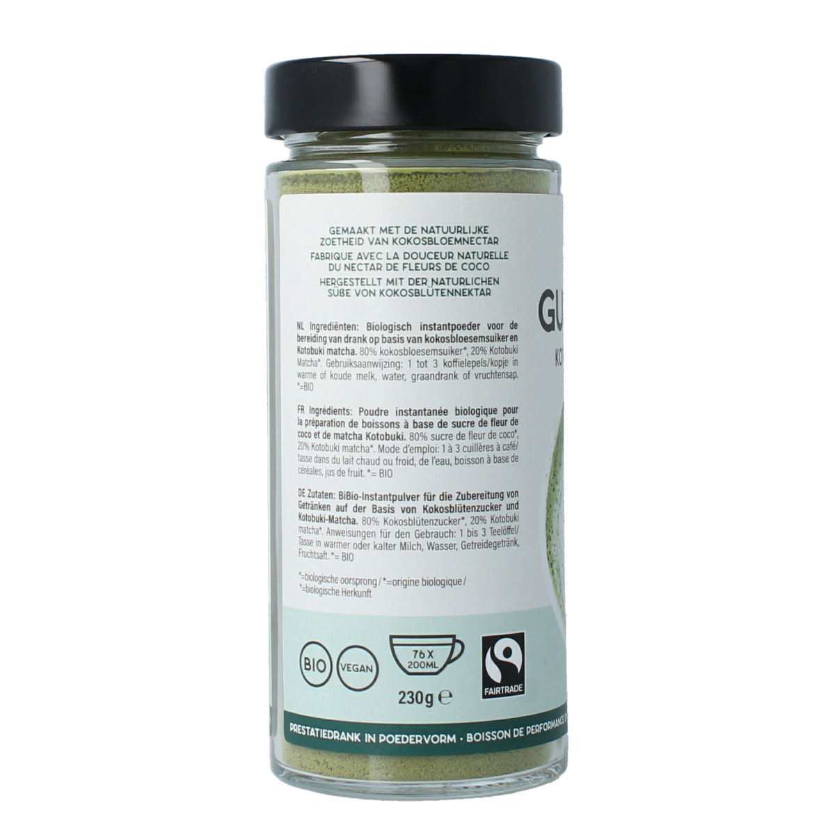 Amanprana Gula Java Kotobuki Matcha tea and coffee blend in a 230g package, featuring vibrant green matcha powder and tea leaves.