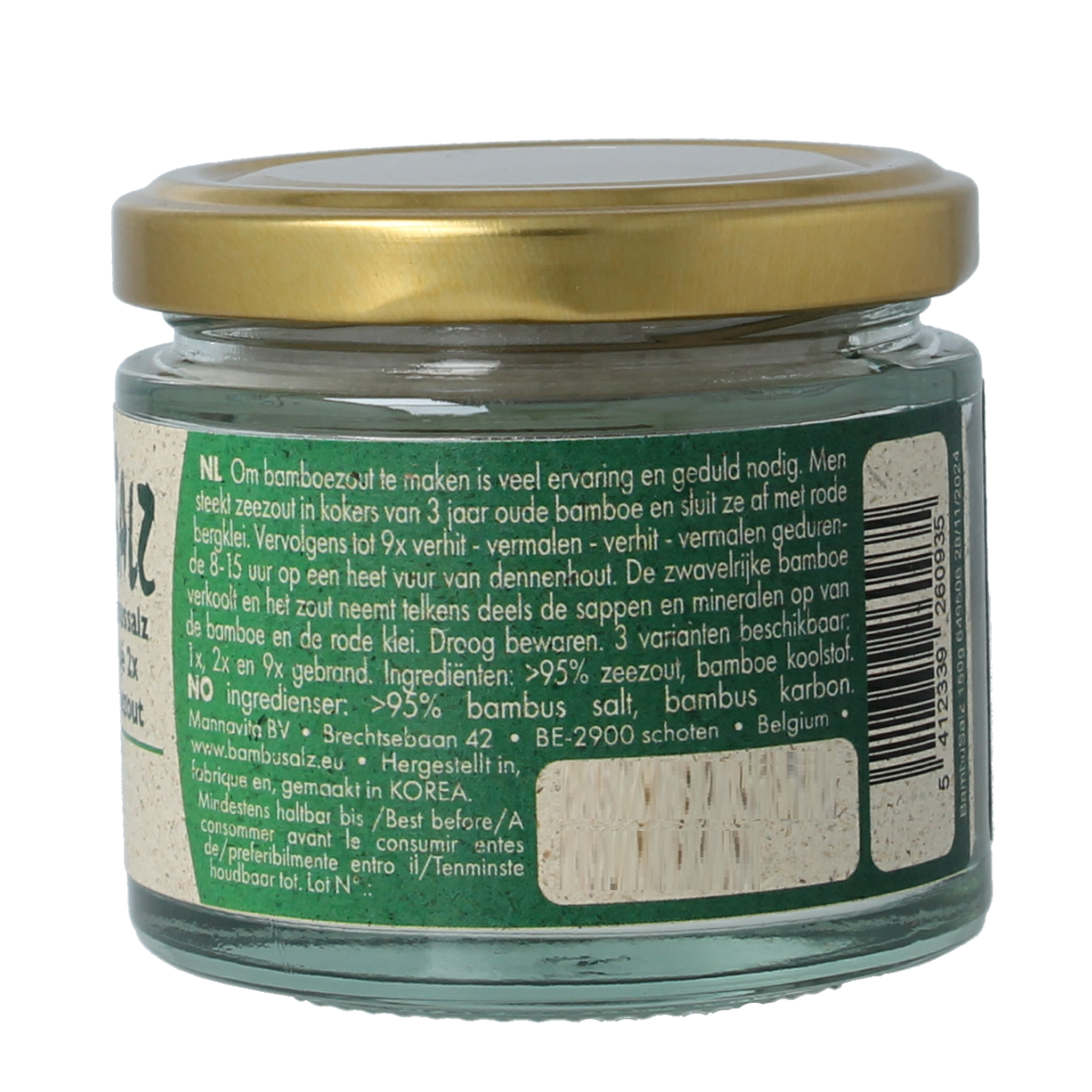 Bambu Salz Bamboezout fijn 150g, bamboo salt, finely ground, in a clear container with label, for cooking and seasoning.