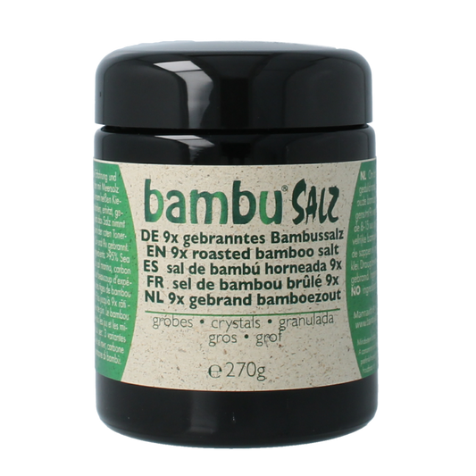Bambu Salz grof bamboezout 270g, natural herbal salt with coarse grains, in branded packaging, for seasoning and cooking.