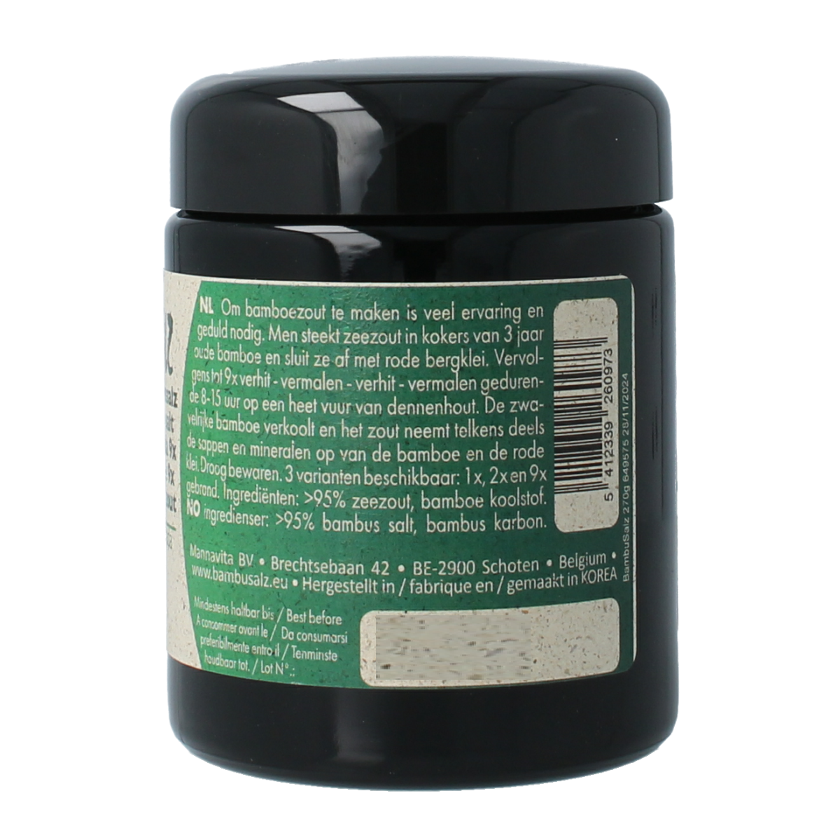 Bambu Salz Bamboezout grof 9x gebrand, 270g, herbal salt blend in a clear jar with bamboo lid for seasoning and cooking.