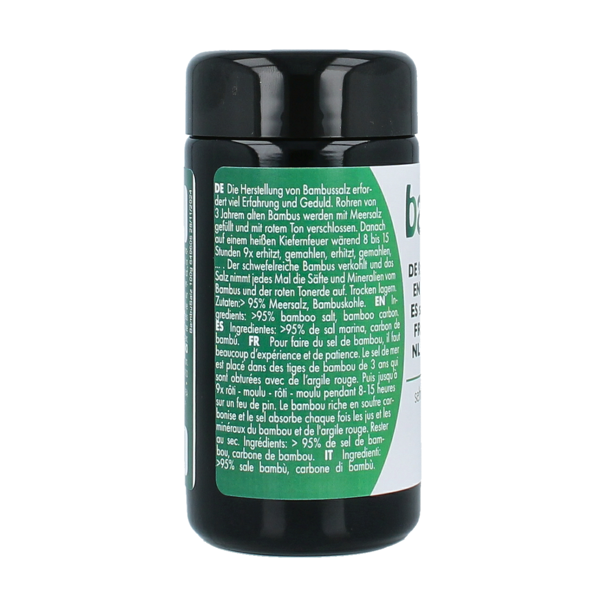 Bambu Salz Bamboezout zeer grof 100g, branding on coarse bamboo salt for culinary use, in a clear container.
