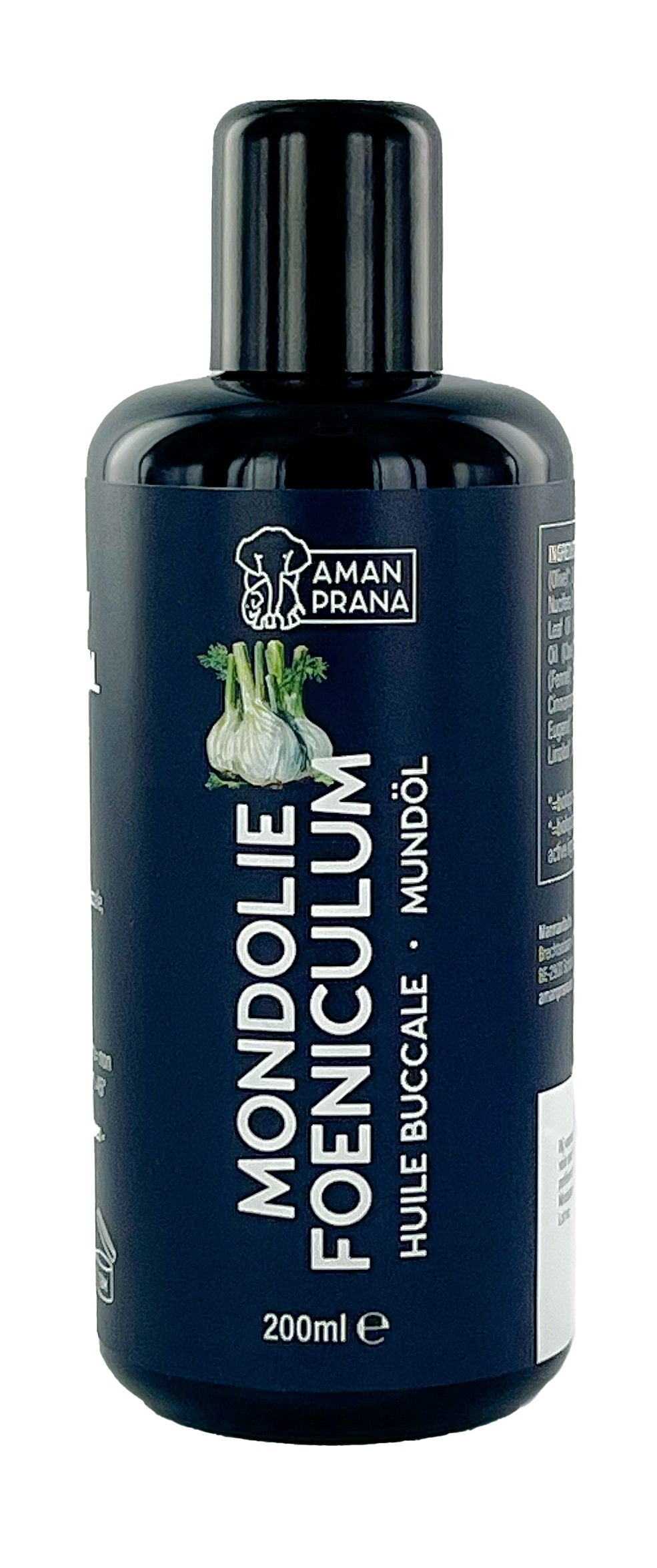 Amanprana Mondolie foeniculum bio 200ml, natural mouth and oral care oil with fennel in a clear bottle with a dropper