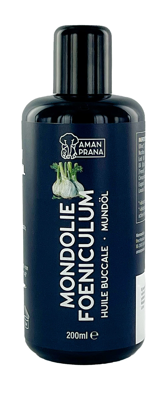 Amanprana Mondolie foeniculum bio 200ml, natural mouth and oral care oil with fennel in a clear bottle with a dropper
