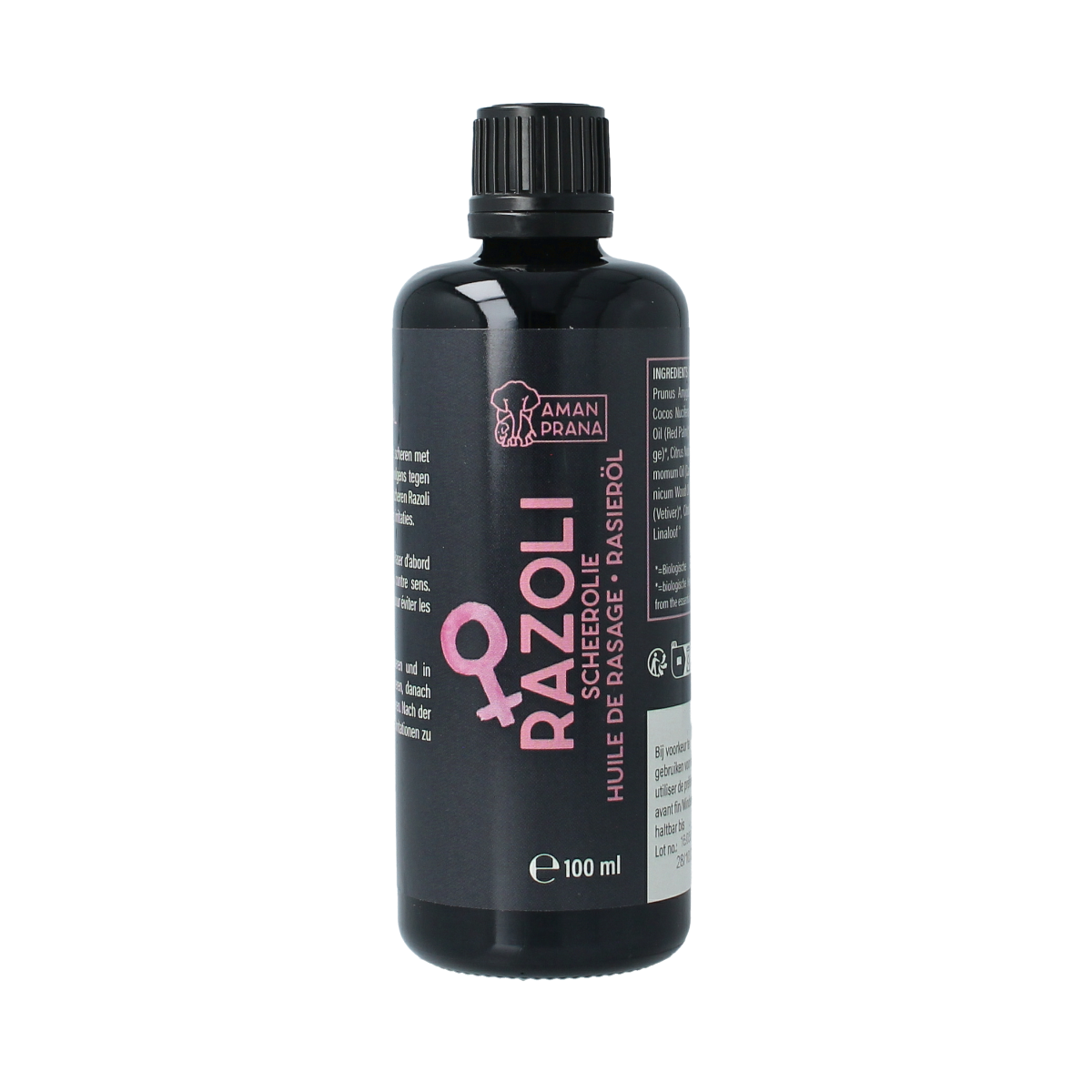 Amanprana Razoli scheerolie in 100ml bottle, natural shaving and hair removal oil, with botanical ingredients and easy-to-use dispenser.