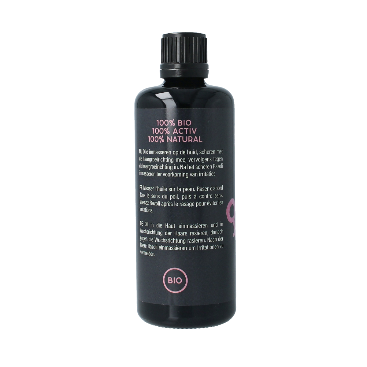 Amanprana Razoli scheerolie bottle, 100ml, natural shaving and waxing oil with a clear label and pump dispenser.