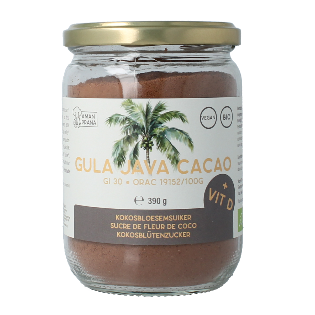 Amanprana Gula Java cacao with vitamin D in a 390g package, ideal for drinks and smoothies, featuring cacao and sugar ingredients.