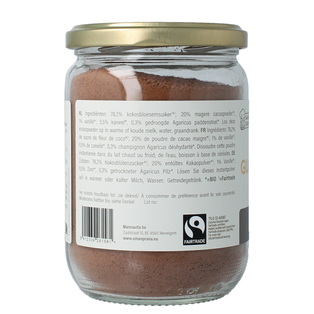 Amanprana Gula Java cacao with vitamin D in a 390g package, featuring cacao powder and vitamin D supplement in a natural drink product.