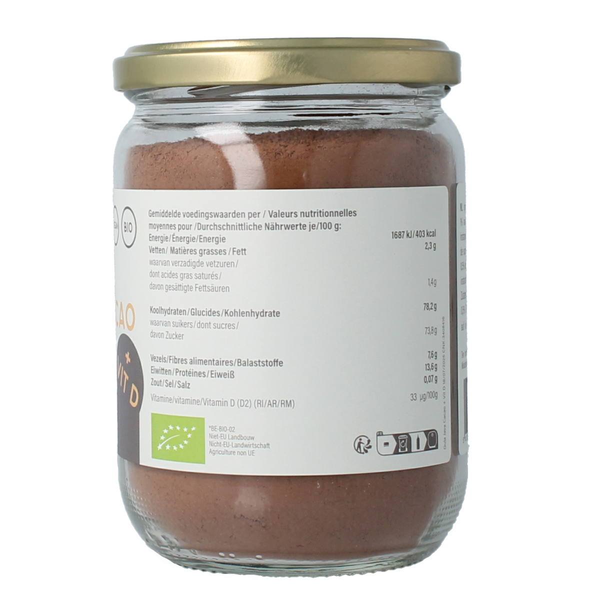 Amanprana Gula Java cacao with vitamin D in a 390g package, shown in a resealable bag for drinks and juices.
