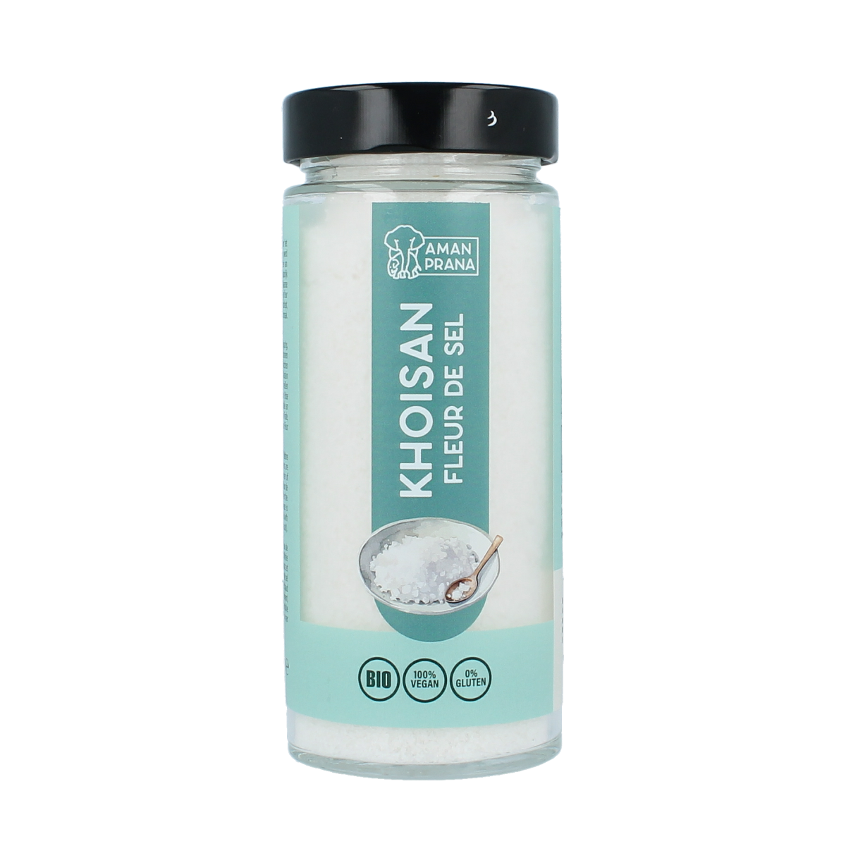Amanprana Khoisan fleur de sel in a 300g container, showcasing coarse sea salt crystals on a natural surface.