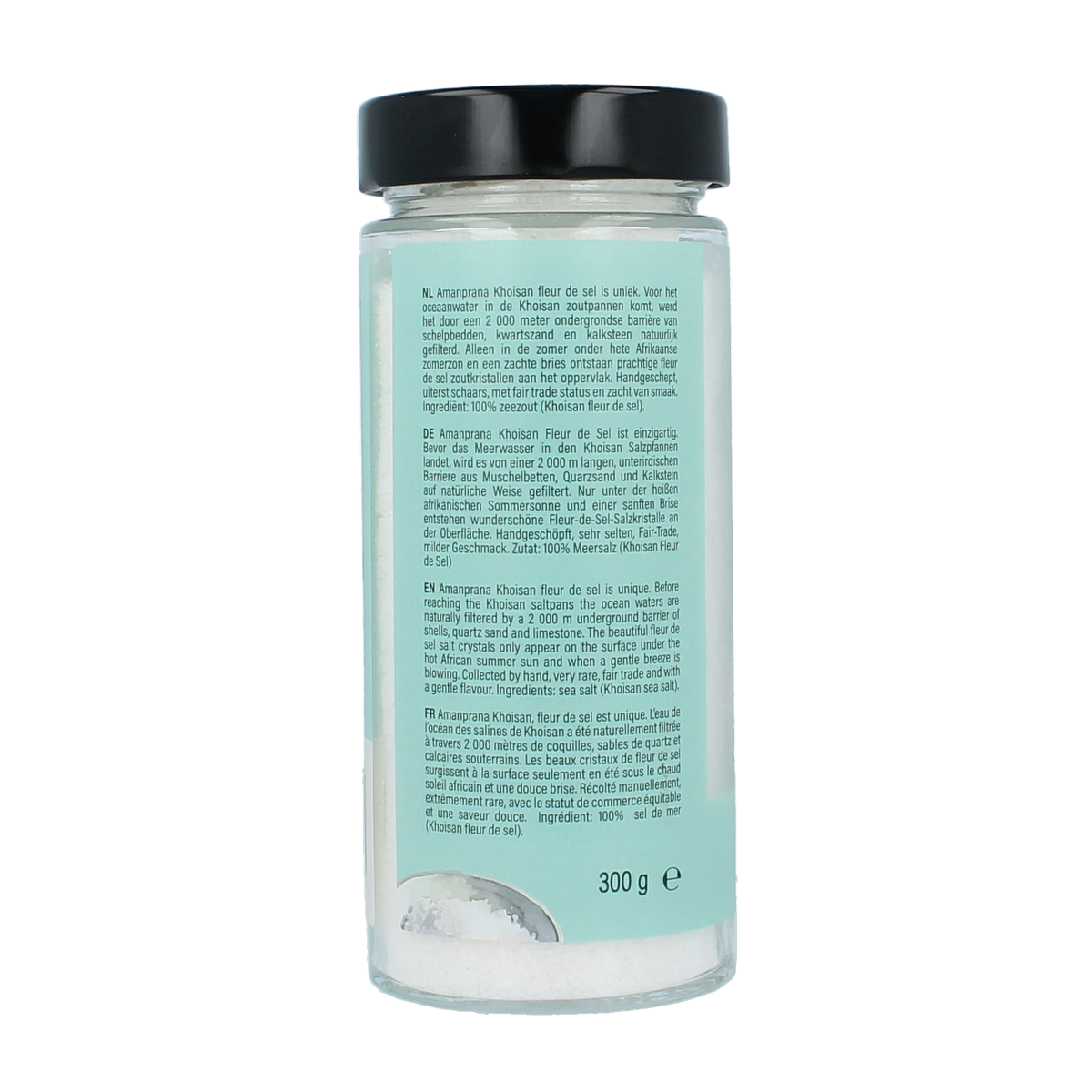 Amanprana Khoisan fleur de sel 300g, natural sea salt crystals in a clear container, highlighting premium quality and pure salt texture.