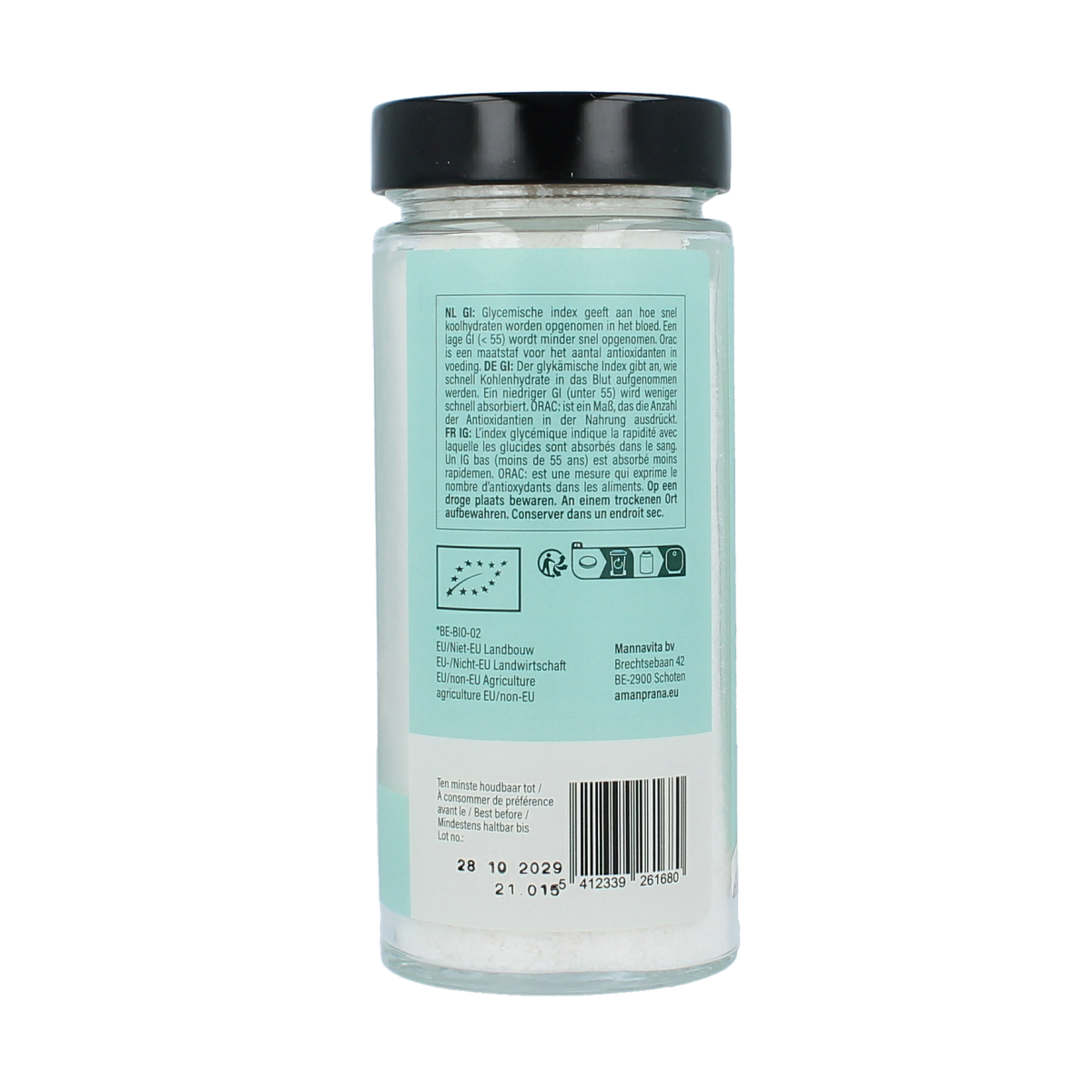 Amanprana Khoisan fleur de sel 300g, natural sea salt with delicate crystals, shown in a clear container with a white background.