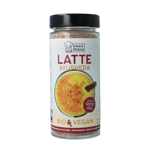 Amanprana Latte Ayurveda bio coffee and tea blend in a 170g package, showcasing the product label and packaging.